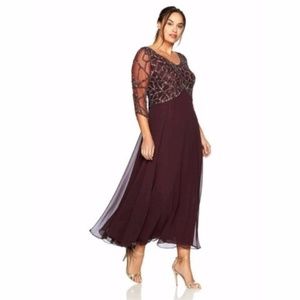 J Kara Plus Size 3/4 Sleeve Beaded Gown Wine Color
